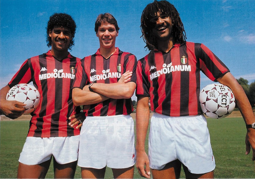 The Dutch trio of Rijkaard, Van Basten and Gullit modelling a fine Milan kit.